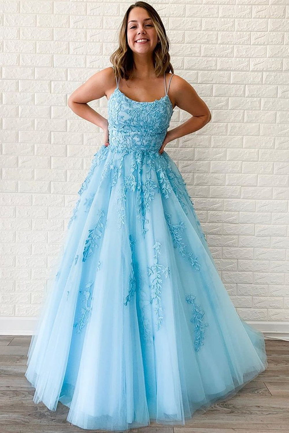 A Line Backless Light Blue Lace Long Prom Dresses, Open Back Light Blu Eip Collection A Line Backless Light Blue Lace Long Prom Dresses, Open Back Light Blu Eip Collection