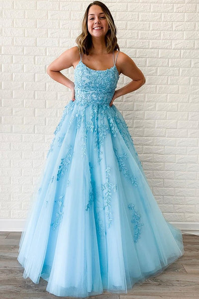 A Line Backless Light Blue Lace Long Prom Dresses, Open Back Light Blu Eip Collection A Line Backless Light Blue Lace Long Prom Dresses, Open Back Light Blu Eip Collection