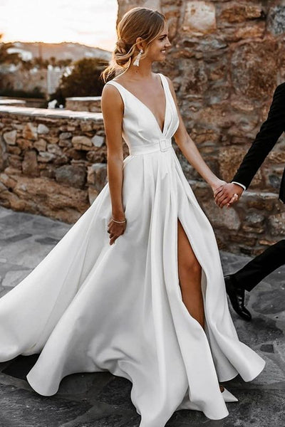 A Line Deep V Neck Open Back White Long Prom Wedding Dresses, Long Open Back High Slit White Formal Evening Dresses