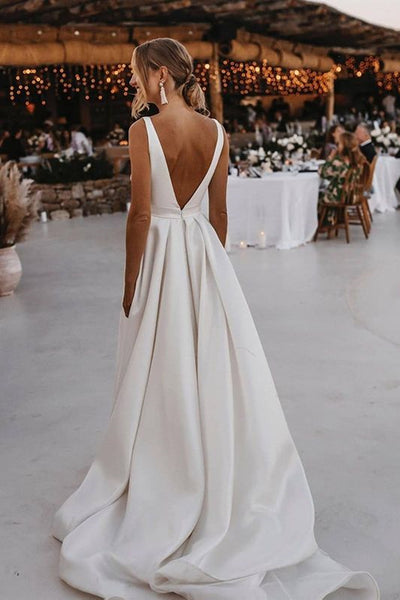 A Line Deep V Neck Open Back White Long Prom Wedding Dresses, Long Open Back High Slit White Formal Evening Dresses