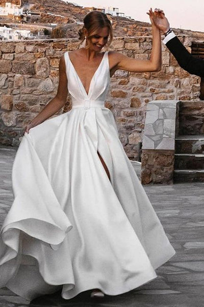 A Line Deep V Neck Open Back White Long Prom Wedding Dresses, Long Open Back High Slit White Formal Evening Dresses