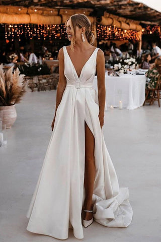 A Line Deep V Neck Open Back White Long Prom Wedding Dresses, Long Open Back High Slit White Formal Evening Dresses