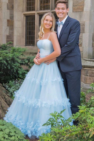 A Line Light Blue Floral Long Prom Dresses with Belt, Light Blue Floral Formal Graduation Evening Dresses EP1646