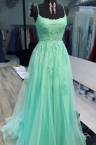 A Line Mint Green Lace Long Prom Dresses, Mint Green Lace Formal Graduation Evening Dresses EP1392