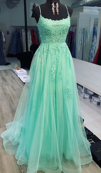 A Line Mint Green Lace Long Prom Dresses, Mint Green Lace Formal Graduation Evening Dresses EP1392