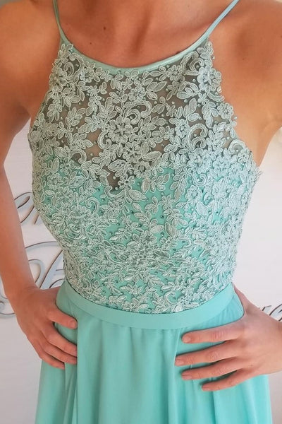 A Line Open Back Aqua Lace Long Prom Dresses, Aqua Lace Formal Dresses, Aqua Evening Dresses EP1564