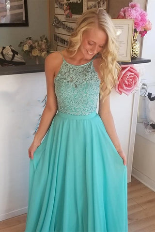 A Line Open Back Aqua Lace Long Prom Dresses, Aqua Lace Formal Dresses, Aqua Evening Dresses EP1564