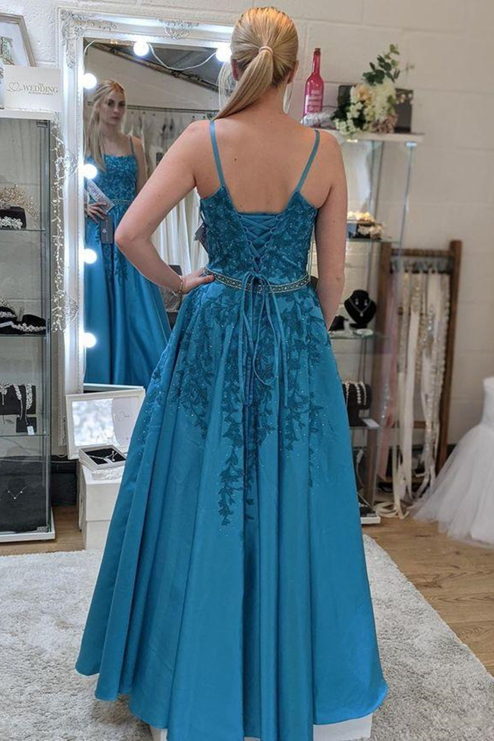 A Line Open Back Blue Lace Long Prom Dresses with Belt, Blue Lace Form –  Eip Collection