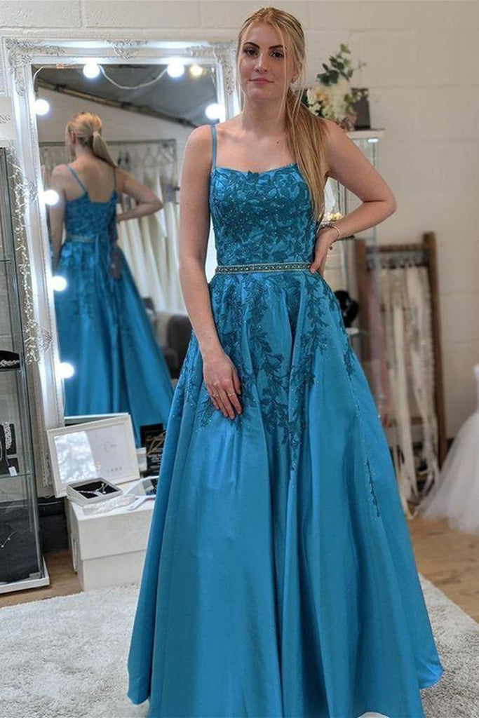 A Line Open Back Blue Lace Long Prom Dresses with Belt, Blue Lace Form Eip Collection A Line Open Back Blue Lace Long Prom Dresses with Belt, Blue Lace Form Eip Collection