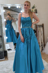 A Line Open Back Blue Lace Long Prom Dresses with Belt, Blue Lace Formal Dresses, Blue Evening Dresses EP1539