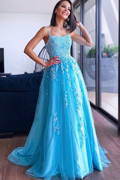 A Line Open Back Blue Tulle Lace Long Prom Dresses, Blue Lace Formal Dresses, Blue Evening Dresses EP1719