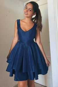 A Line Open Back Layered Blue Short Prom Dresses, Layered Blue Homecoming Dresses, Blue Formal Evening Dresses EP1497