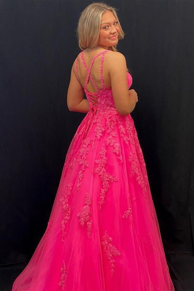 A Line Open Back Pink Lace Tulle Long Prom Dresses, Pink Lace Formal Dresses, Pink Tulle Evening Dresses EP1715