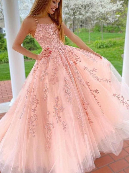 A Line Pink Long Lace Prom Dress with Double Straps, Pink Long Lace Formal Evening Bridesmaid Dresses