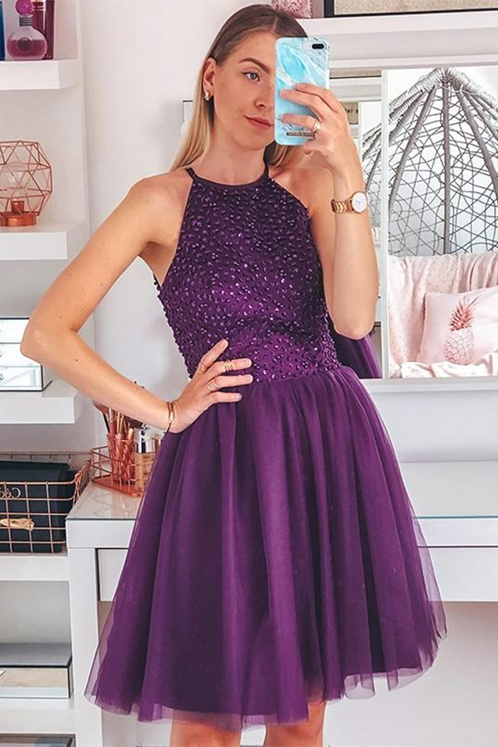 A Line Purple Beaded Short Prom Homecoming Dresses, Purple Beaded Formal Graduation Evening Dresses EP1517