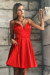 A Line Red Satin Short Prom Dresses, V Neck Red Homecoming Dresses, Short Red Formal Graduation Evening Dresses EP1596