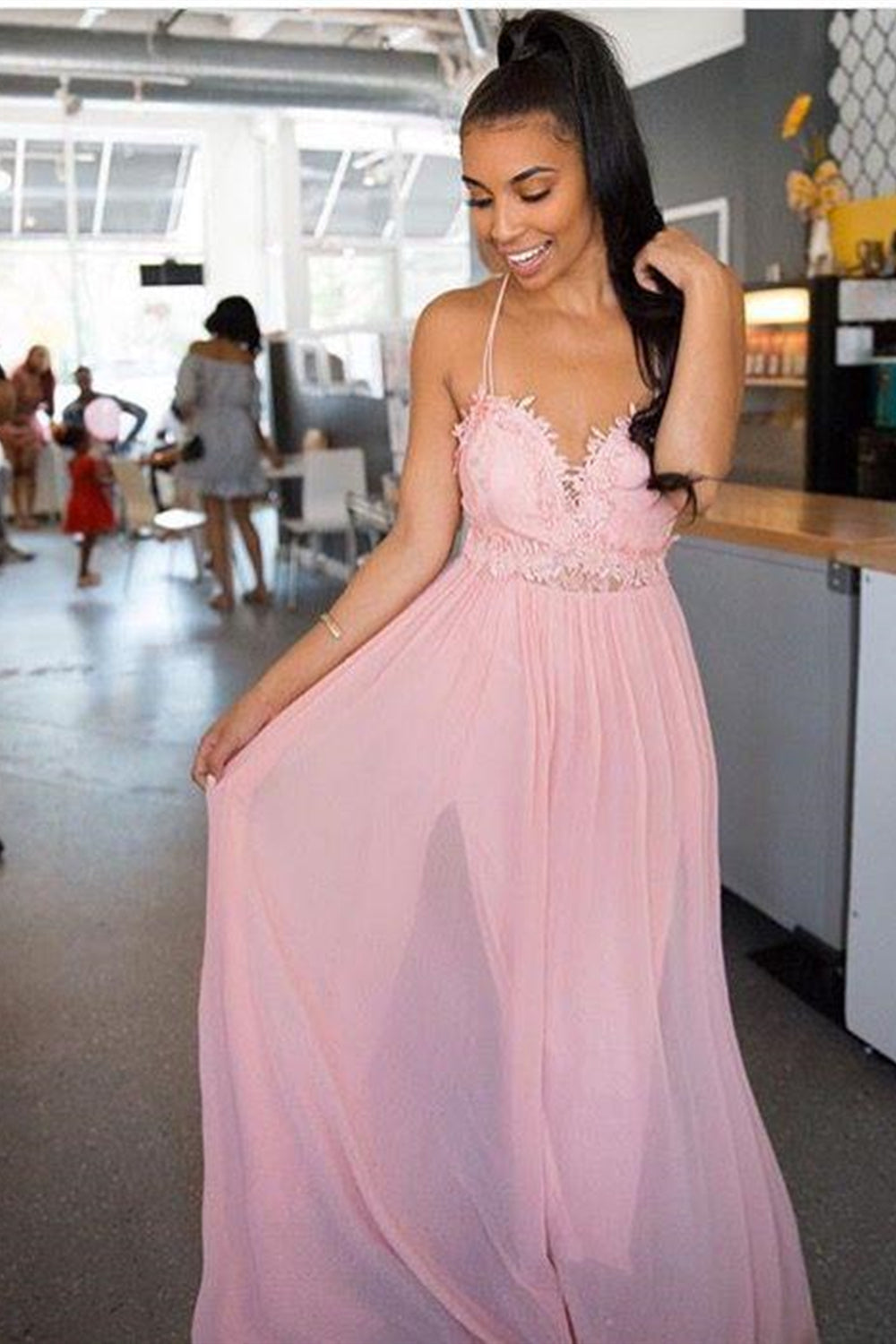 A Line Spaghetti Straps Pink Lace Long Prom Dresses, Pink Lace Formal Dresses, Pink Evening Dresses EP1521