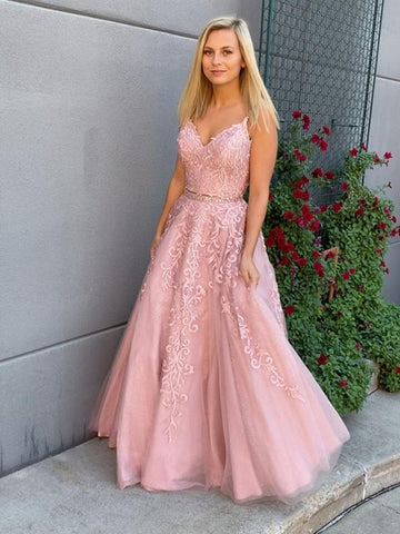 A Line V Neck 2 Pieces Pink Lace Prom Dresses, Two Pieces Pink Lace Formal Evening Dresses