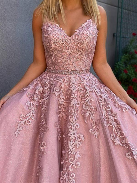A Line V Neck 2 Pieces Pink Lace Prom Dresses, Two Pieces Pink Lace Formal Evening Dresses