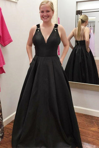 A Line V Neck Backless Black Long Prom Dresses with Pocket, Backless Black Formal Dresses, Black Evening Dresses EP1507