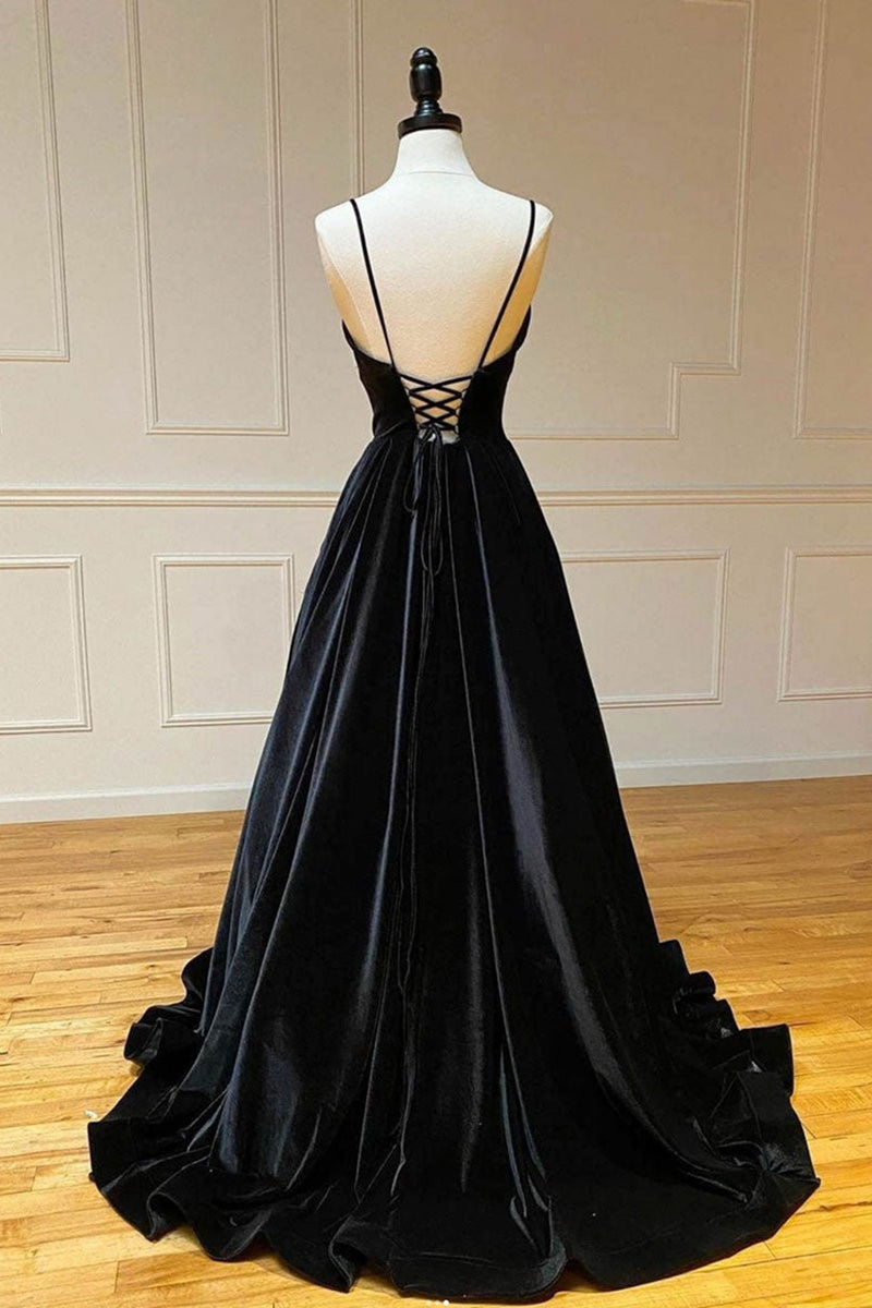 A Line V Neck Backless Black Velvet Long Prom Dresses, V Neck Black Fo