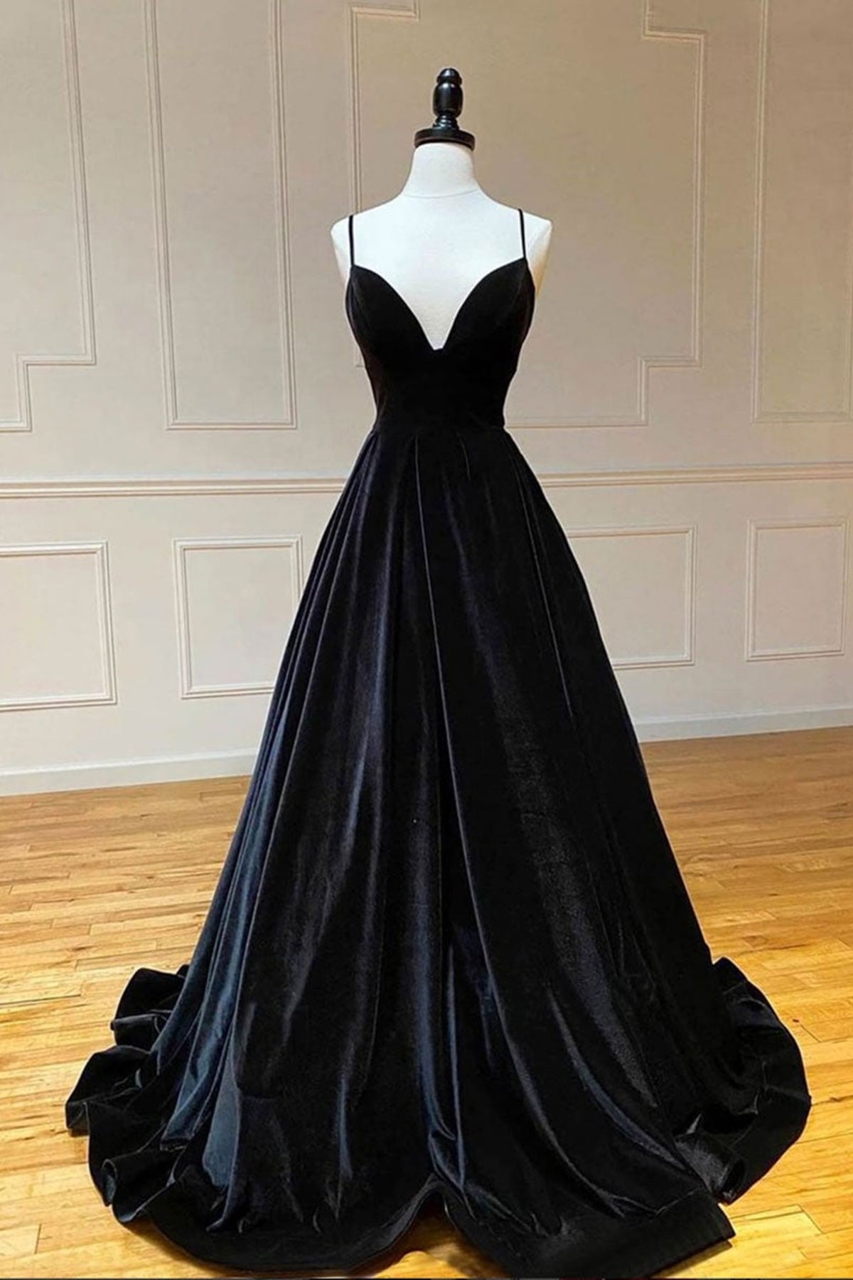 A Line V Neck Backless Black Velvet Long Prom Dresses, V Neck Black Formal Dresses, Black Velvet Evening Dresses EP1674