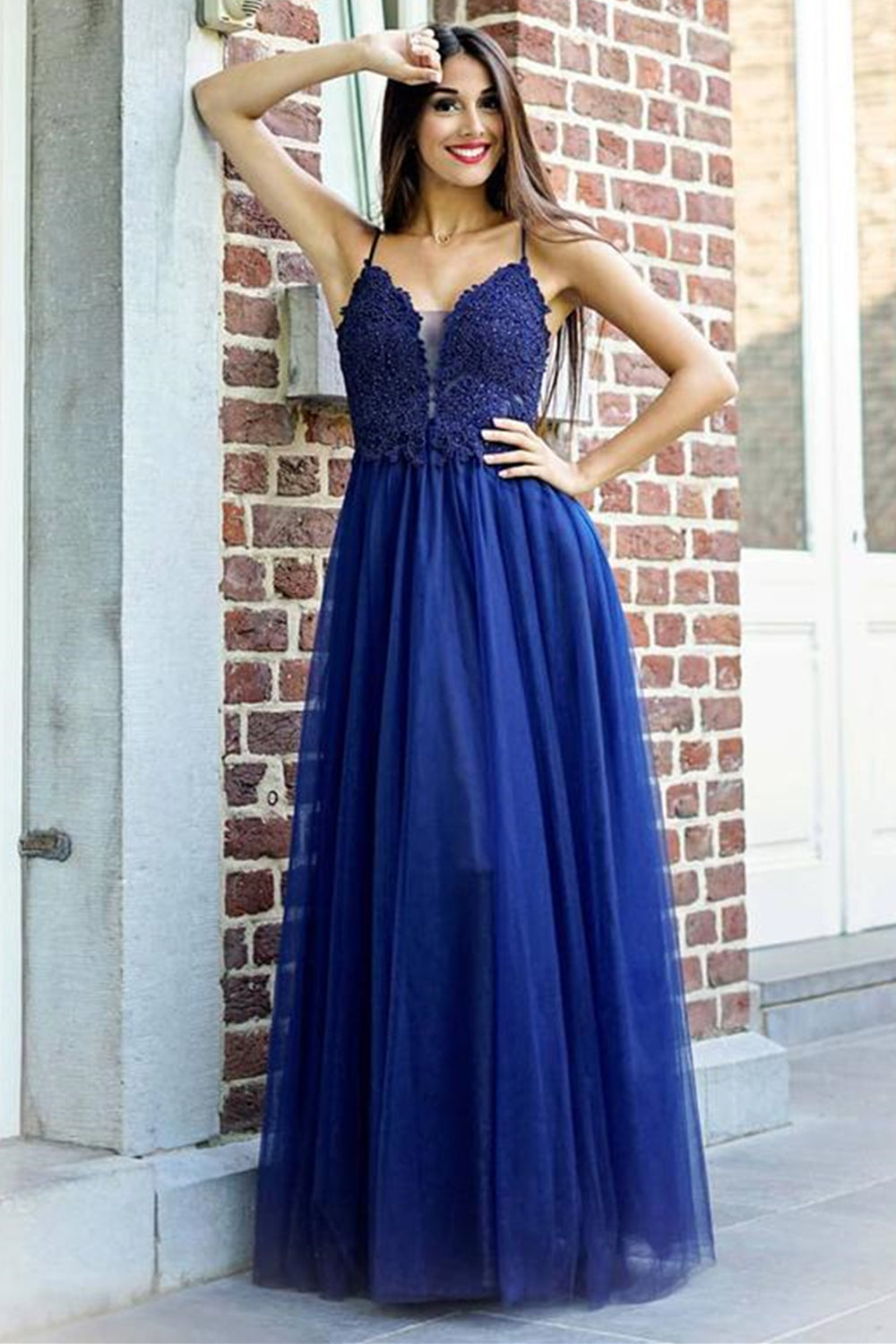 A Line V Neck Backless Blue Lace Long Prom Dresses, Blue Lace Formal Graduation Evening Dresses EP1425