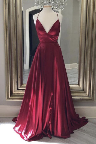 A Line V Neck Backless Burgundy Long Prom Dresses, Backless Burgundy Formal Graduation Evening Dresses EP1485