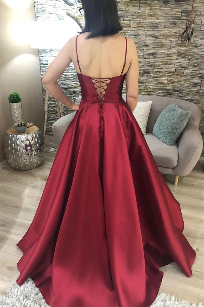 A Line V Neck Backless Burgundy Satin Long Prom Dresses, Backless Burg Eip Collection A Line V Neck Backless Burgundy Satin Long Prom Dresses, Backless Burg Eip Collection