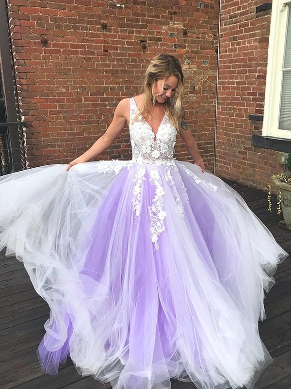 A Line V Neck Backless Purple Lace Prom Dressses, Open Back Purple Lace Formal Evening Dresses