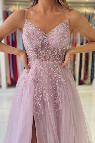 A Line V Neck Beaded Pink Tulle Long Prom Dresses with High Slit, Pink Tulle Formal Graduation Evening Dresses with Beadings EP1889