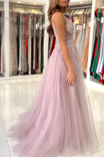 A Line V Neck Beaded Pink Tulle Long Prom Dresses with High Slit, Pink Tulle Formal Graduation Evening Dresses with Beadings EP1889