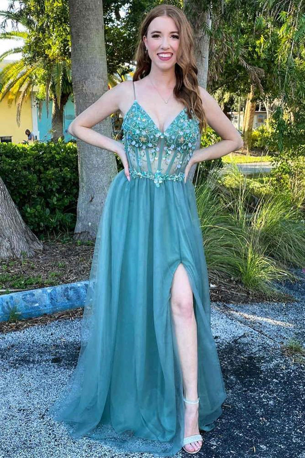 A Line V Neck Beaded Teal Long Prom Dresses with Slit, Beaded Teal For Eip Collection A Line V Neck Beaded Teal Long Prom Dresses with Slit, Beaded Teal For Eip Collection