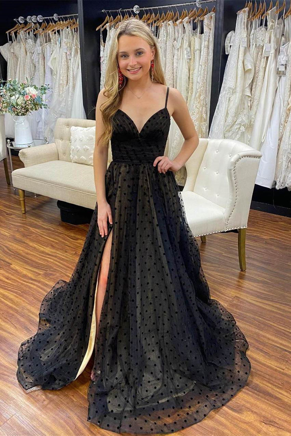A Line V Neck Black Dot Long Prom Dresses with High Slit, Black Dot Fo Eip Collection A Line V Neck Black Dot Long Prom Dresses with High Slit, Black Dot Fo Eip Collection