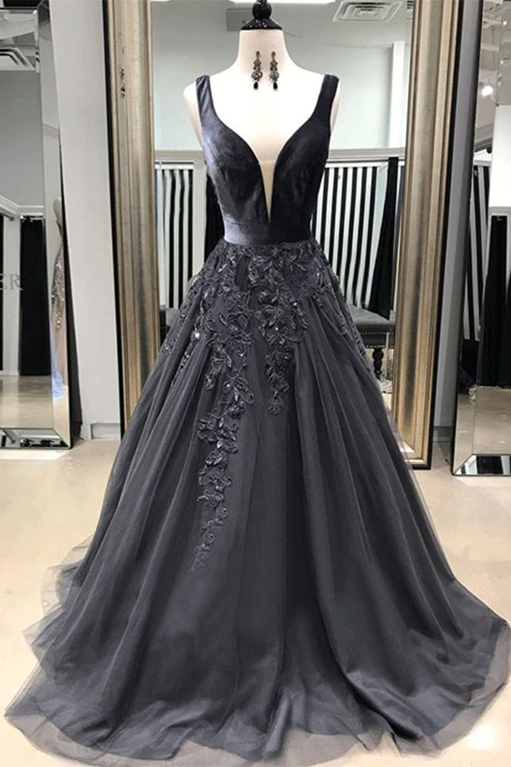 A Line V Neck Black Long Prom Dresses with Lace Appliques, V Neck Blac Eip Collection A Line V Neck Black Long Prom Dresses with Lace Appliques, V Neck Blac Eip Collection