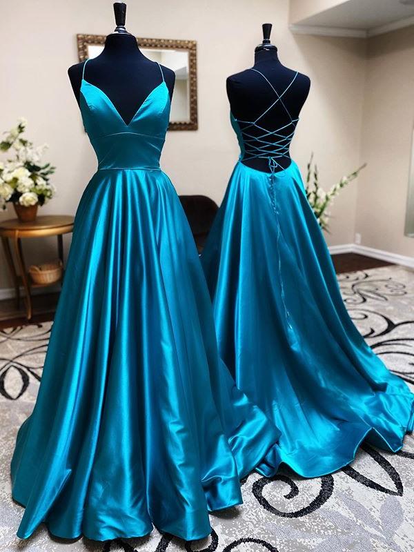 A Line V Neck Blue Backless Long Prom Dresses, Open Back Blue Long Formal Evening Dresses