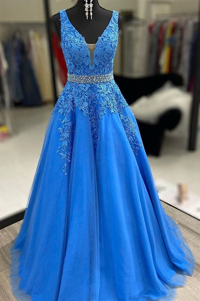 A Line V Neck Blue Lace Long Prom Dresses with Belt, Blue Lace Formal Evening Dresses EP1416