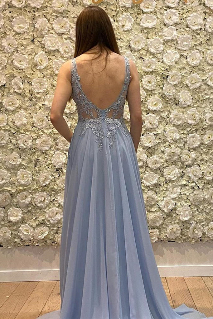 A Line V Neck Blue Lace Top Long Prom Dresses with High Slit, Blue Lac Eip Collection A Line V Neck Blue Lace Top Long Prom Dresses with High Slit, Blue Lac Eip Collection
