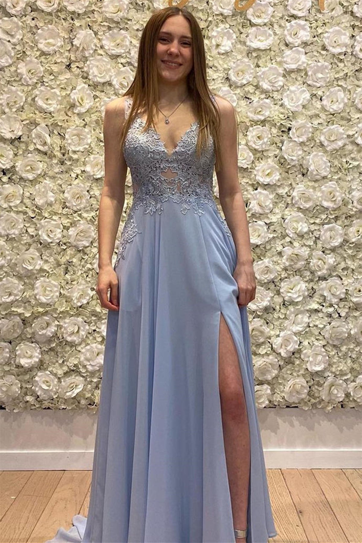 A Line V Neck Blue Lace Top Long Prom Dresses with High Slit, Blue Lac Eip Collection A Line V Neck Blue Lace Top Long Prom Dresses with High Slit, Blue Lac Eip Collection