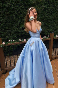 A Line V Neck Blue Satin Long Prom Dresses with Pocket, V Neck Blue Formal Dresses, Blue Evening Dresses EP1578