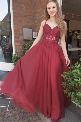 A Line V Neck Burgundy Lace Long Prom Dresses, Burgundy Lace Formal Evening Dresses EP1430