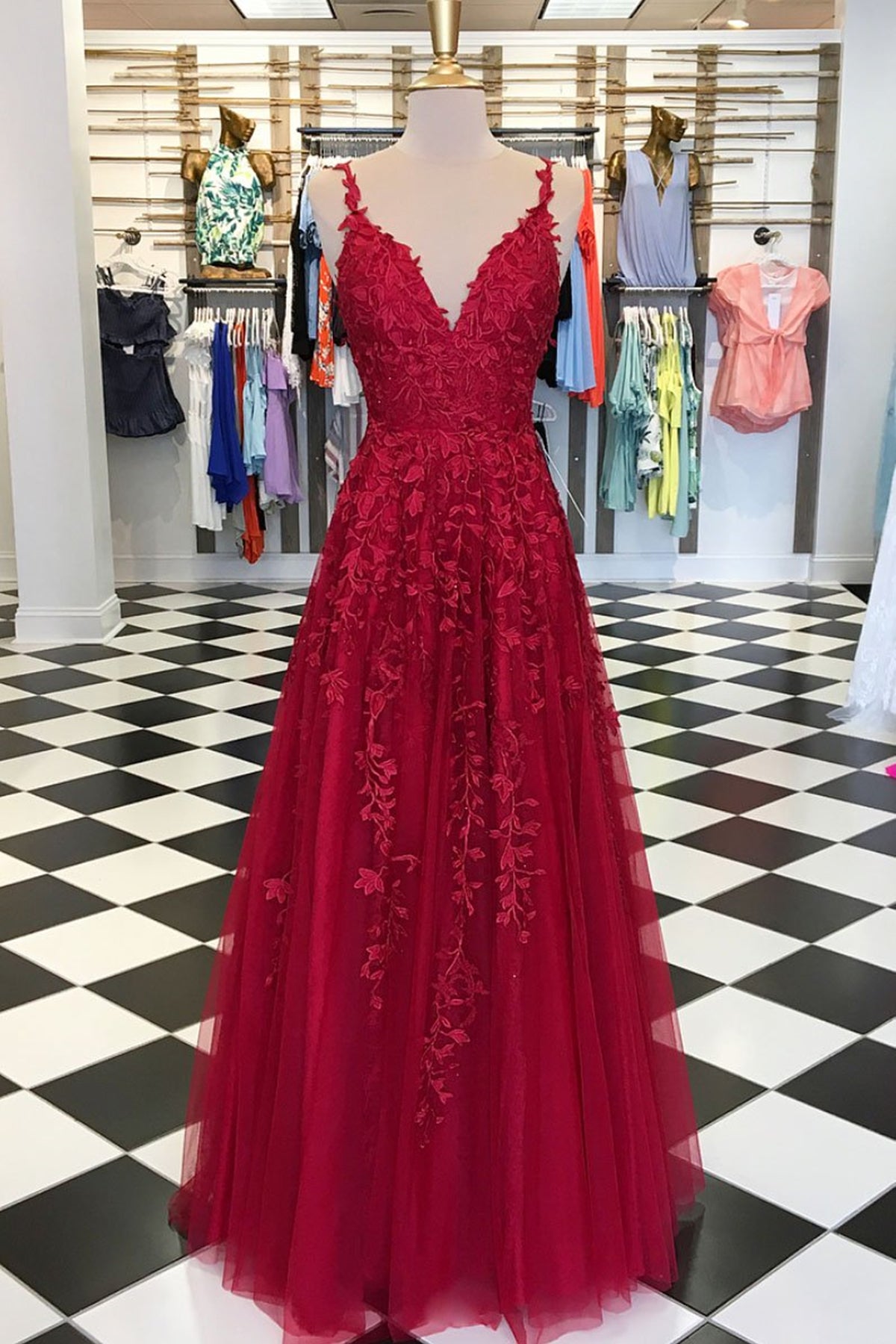 wine red lace prom dress Wine Red Tulle V-neckline with Lace Applique Prom Dress, WIne Red Long Formaldressy