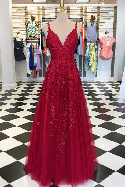A Line V Neck Burgundy Lace Prom Dresses, Wine Red Lace Formal Evening Dresses