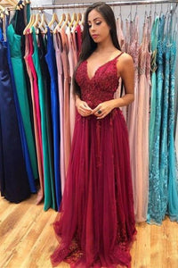 A Line V Neck Burgundy Lace long Prom Dresses, Burgundy Lace Formal Dresses, Burgundy Evening Dresses EP1597