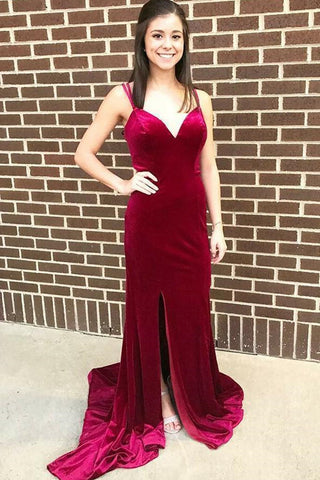 A Line V Neck Burgundy Velvet Long Prom Dresses with Slit, V Neck Burgundy Formal Graduation Evening Dresses EP1452