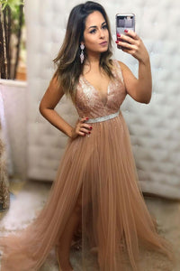 A Line V Neck Champagne Long Prom Dresses with Slit, V Neck Champagne Formal Evening Dresses with Belt EP1328