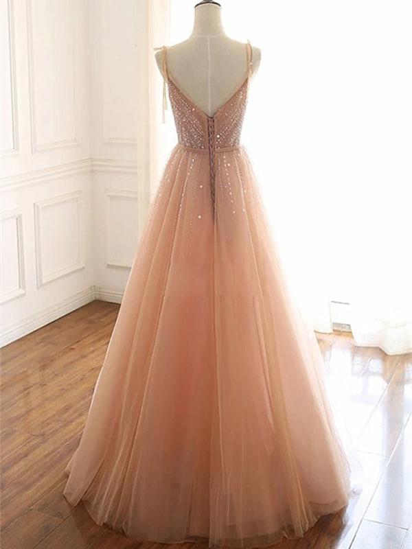 A Line V Neck Champagne Tulle Long Beaded Prom Dresses, Champagne Long Eip Collection A Line V Neck Champagne Tulle Long Beaded Prom Dresses, Champagne Long Eip Collection