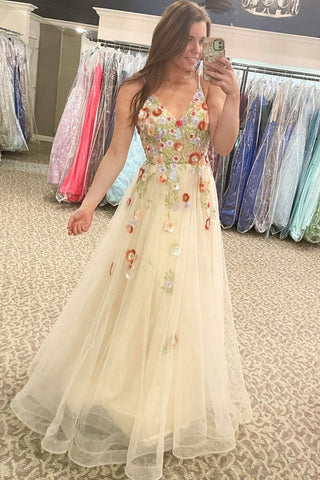 A Line V Neck Champagne Tulle Long Prom Dresses with Appliques, Champagne Tulle Floral Formal Graduation Evening Dresses EP1717