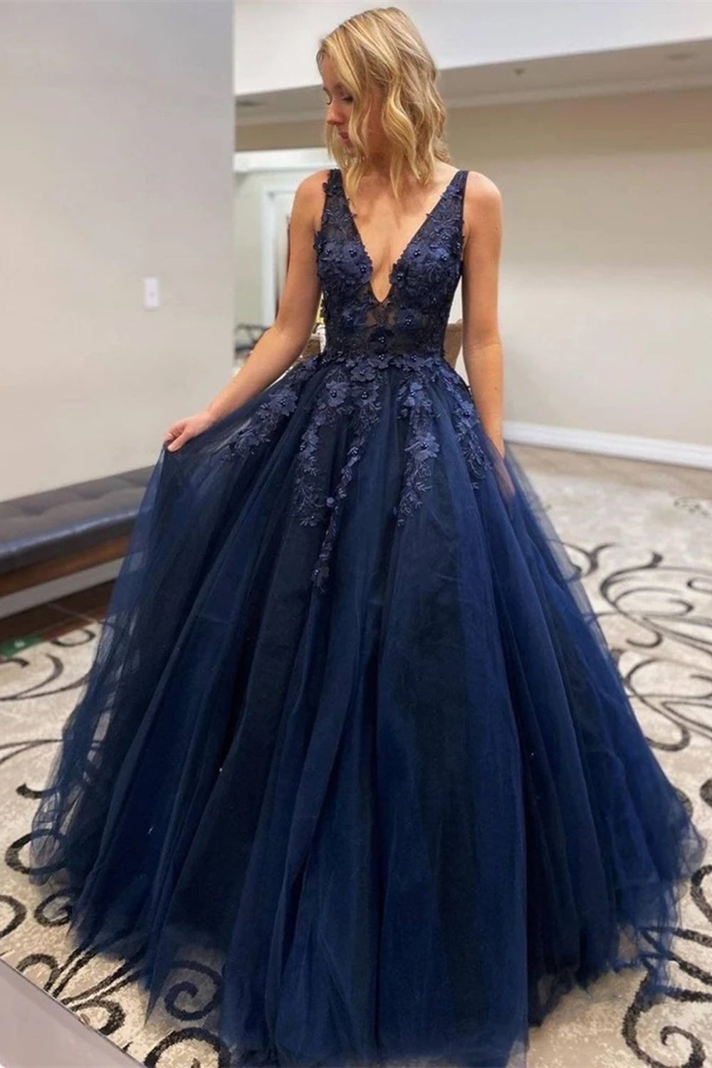A Line V Neck Dark Blue Lace Beaded Prom Dresses, Dark Blue Lace Long Formal Evening Dresses
