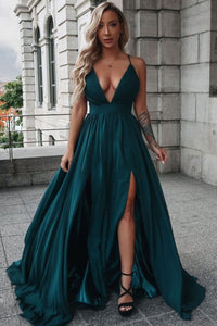 A Line V Neck Dark Green Long Prom Dresses with Leg Slit, V Neck Dark Green Formal Graduation Evening Dresses